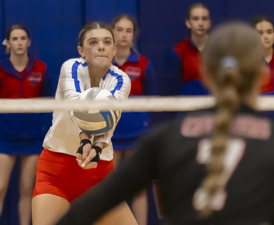 Westlake libero Reese Emerick returns a shot against Lake Travis during the Chaparrals' win last week. Westlake finished third in the district race. Lake Travis, which won district, will play Stony Point to open the Class 6A playoffs.