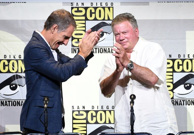 Actors Scott Bakula (L) and William Shatner attend the 'Star Trek' panel during Comic-Con International 2016, at San Diego Convention Center in California, on July 23