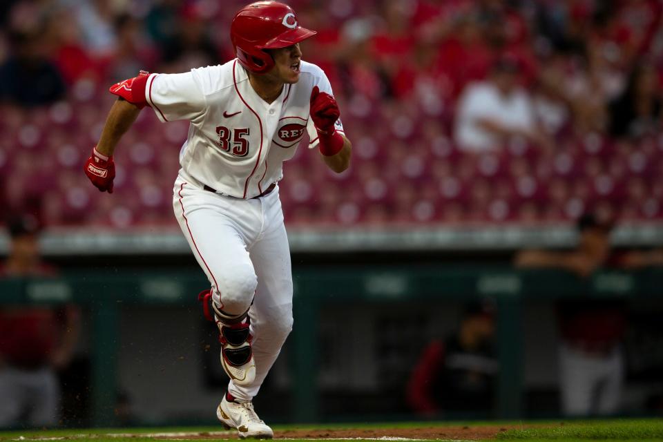 Cincinnati Reds second baseman Alejo Lopez (35) runs to first after hitting a base hit in the first inning of the MLB game between the Cincinnati Reds and the Arizona Diamondbacks in Cincinnati at Great American Ball Park on Wednesday, June 8, 2022.