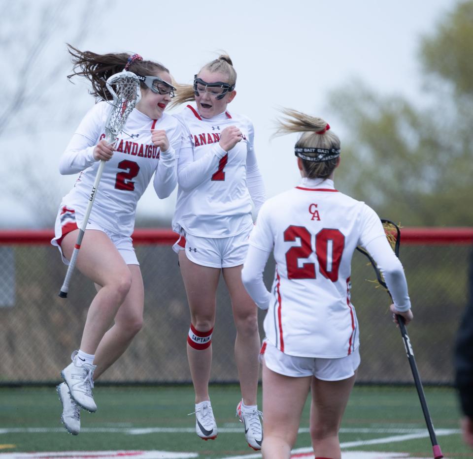 Canandaigua's Leah Sheridan, left, and Hanna Davis celebrate a goal against Penn Yan April 27 at Canandaigua Academy.