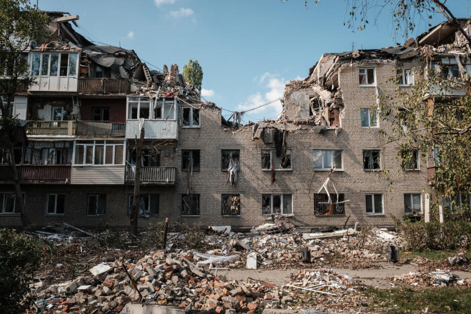 This photograph taken on October 7, 2022 shows a destroyed residential building in Bakhmut, eastern Ukraine, amid the Russian invasion of Ukraine.