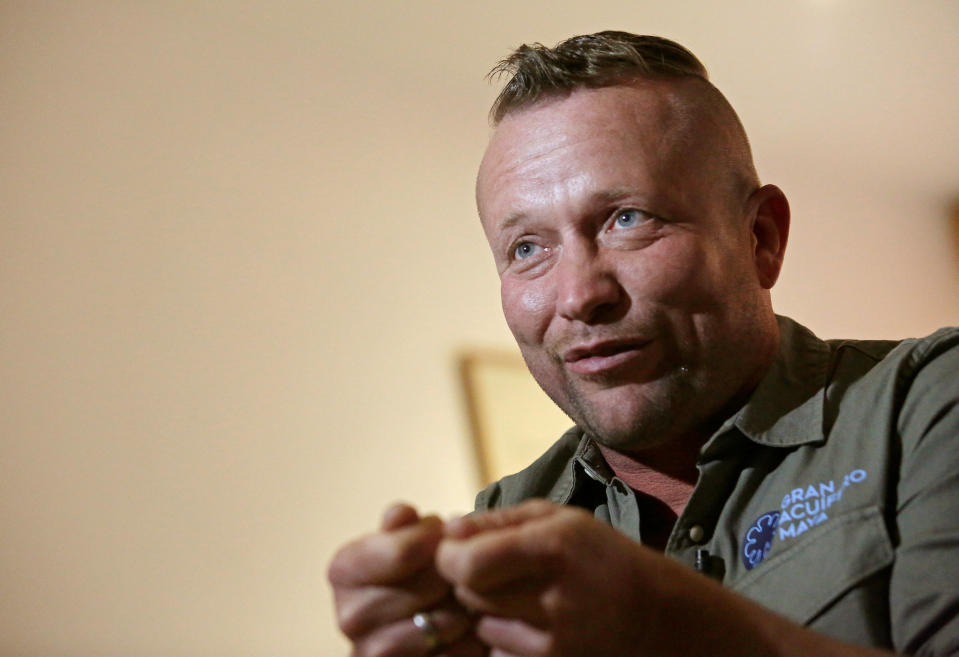 German explorer Robert Schmittner of the Gran Acuifero Maya project gestures during an interview with Reuters in Mexico City