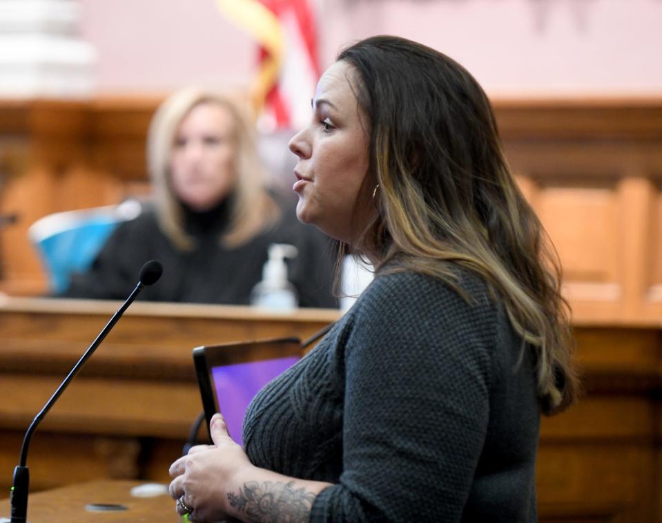 Former friend Katie Marskell addresses Lindsey Abbuhl, during sentencing on felony endangering children and felony theft during an appearance in the Stark County Courtroom of Judge Chryssa Hartnett.  Thursday,  November 17, 2022.