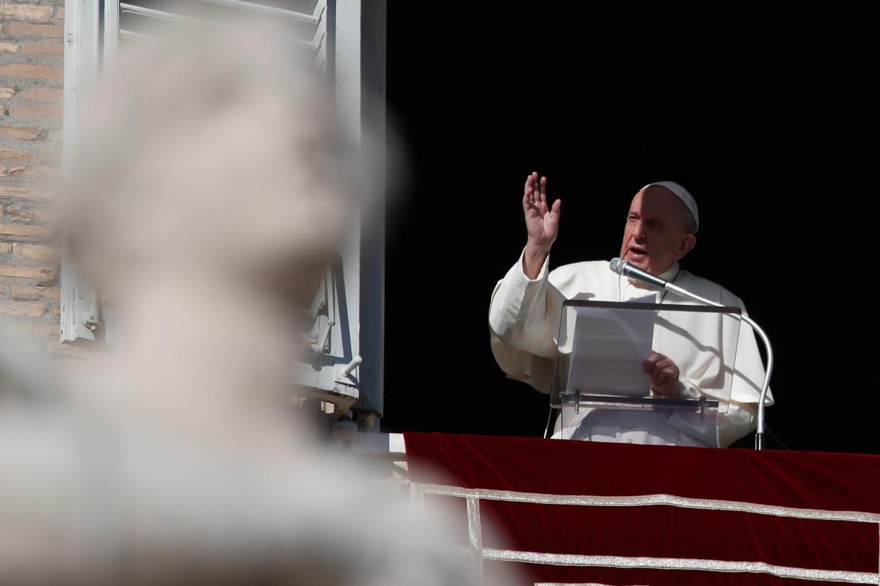 <p>Pope Francis during the Angelus noon prayer he recited from the window of his studio overlooking St.Peter's Square, at the Vatican, Sunday, Nov. 22, 2020. (AP Photo/Alessandra Tarantino)</p> (Copyright 2020 The Associated Press. All rights reserved)