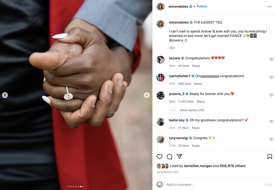 Simone Biles and Jonathan Owens hold hands after getting engaged in February 2022.