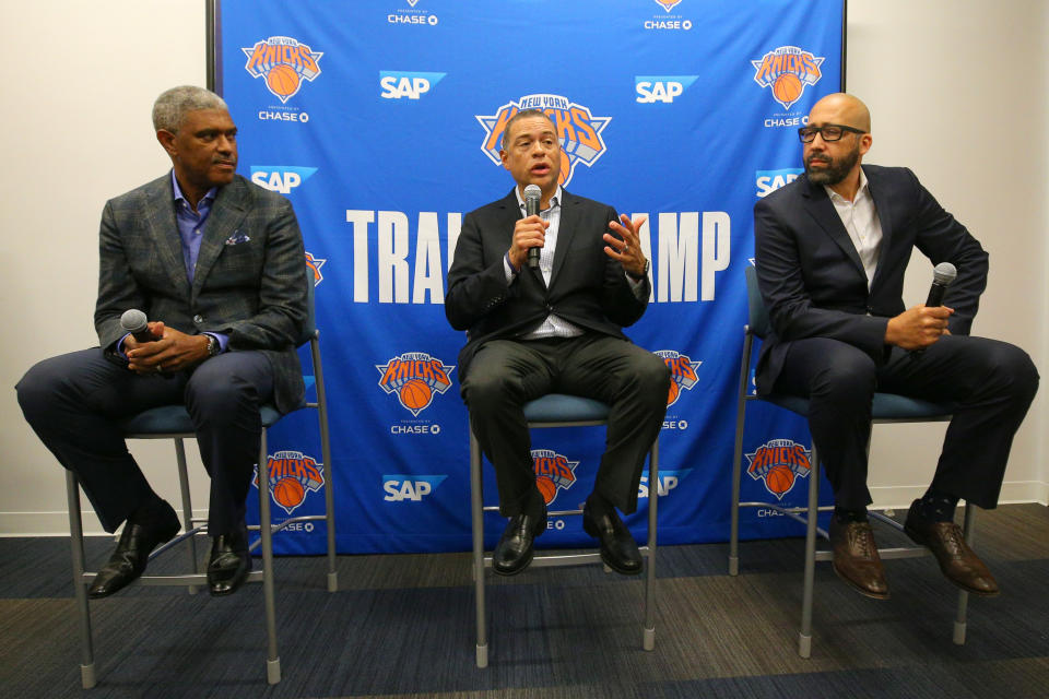 Sep 30, 2019; New York, NY, USA; New York Knicks president Steve Mills (left to right) and New York Knicks general manager Scott Perry and New York Knicks head coach David Fizdale speak to the media during media day at the MSG training center in Greenburgh, NY. Mandatory Credit: Brad Penner-USA TODAY Sports