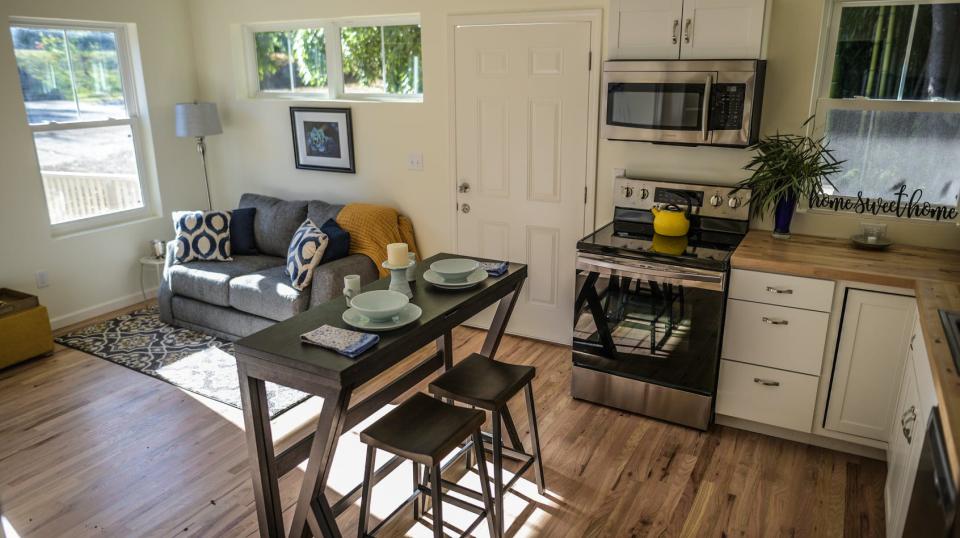 A look inside the model home built in fall 2020. It is the first of 12 deeply affordable microhomes in East Asheville.