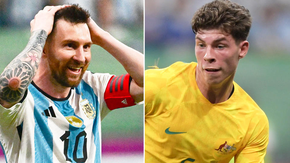 Lionel Messi scored the fastest goal of his career against a Socceroos side featuring the impressive Jordan Bos. Pic: Getty