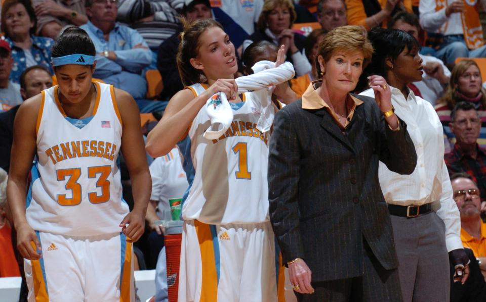 UT head coach Pat Summitt and players Sybil Dosty, Sydney Spencer, and assistant Tasha Butts react to the game as the Lady Vols could not find a way to keep ahead of Duke. 2004