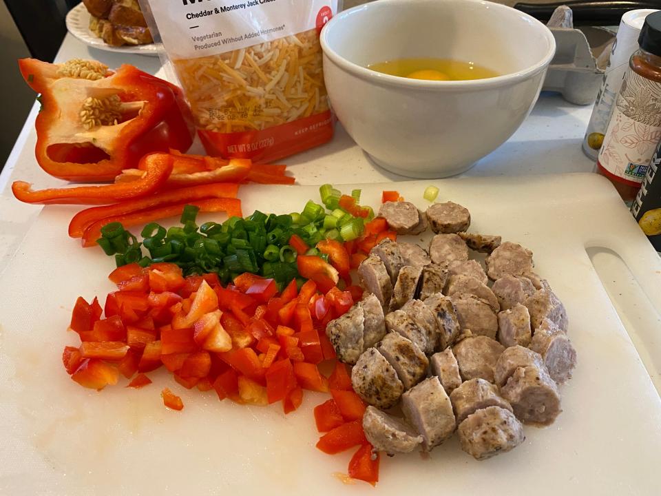 ingredients for air fryer frittata on cutting board