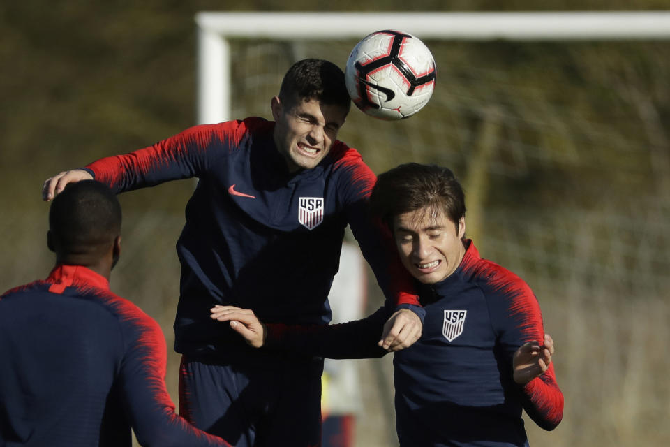 United States national soccer team player Christian Pulisic, top left, takes part in their national soccer squad training session at the training facilities of Brentford Football Club in west London, Monday, Nov. 12, 2018. The United States play England in an international friendly soccer match at Wembley stadium in London on Thursday. (AP Photo/Matt Dunham)