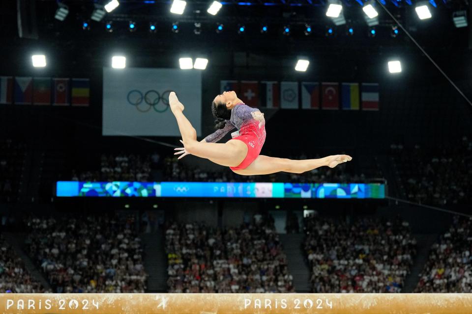 Sunisa Lee of the United States competes on the beam in the women’s gymnastics all-around during the Paris 2024 Olympic Summer Games at Bercy Arena.