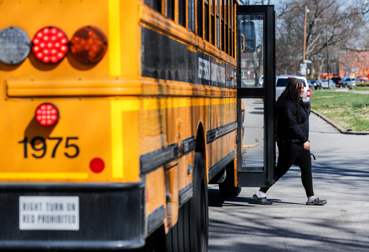 Ava Williams gets off the bus after a day at Central High Magnet School recently. The sophomore won't be able to attend the school if JCPS stops providing transportation for magnet students. March 10, 2024