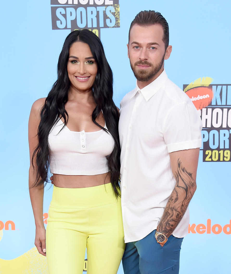 Nikki Bella and Artem Chigvintsev attend Nickelodeon Kids' Choice Sports 2019 at Barker Hangar on July 11, 2019 in Santa Monica, California.  (Photo by Gregg DeGuire/WireImage)