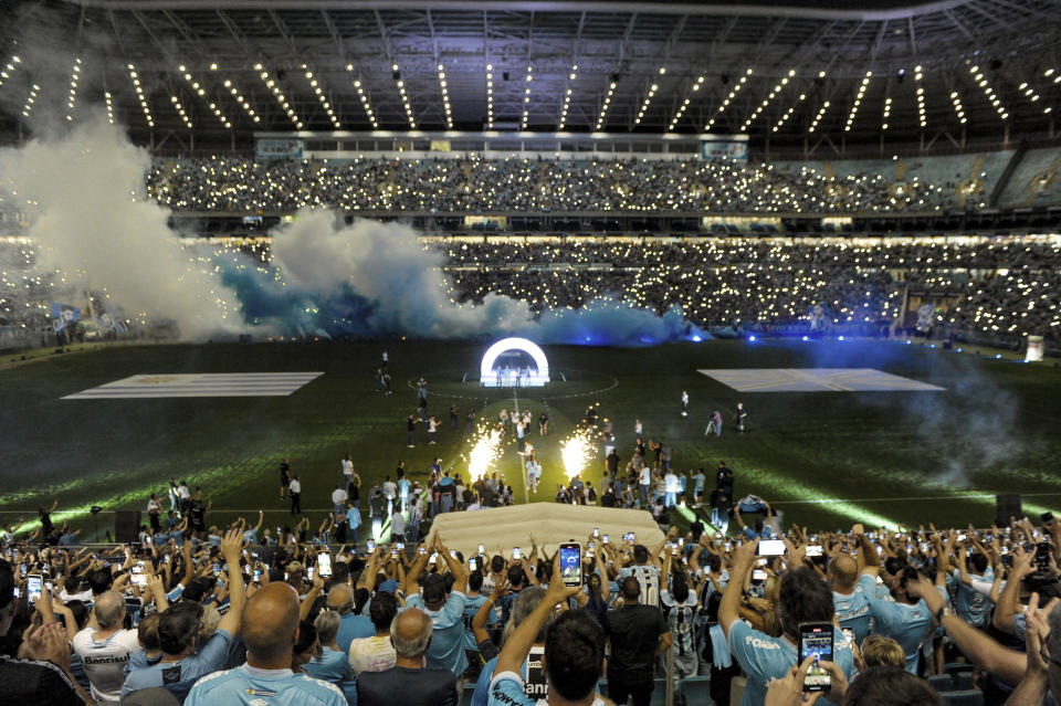 Uruguayan player Luis Suarez is presented as Gremio´s new player during an event at the Gremio Arena stadium, in Porto Alegre, Brazil, Wednesday, Jan. 4, 2023. (AP Photo/Wesley Santos)