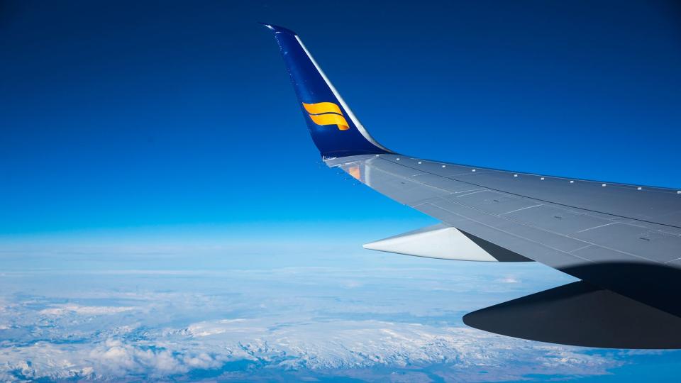 Icelandair Boeing Airplane in Flight Over Iceland