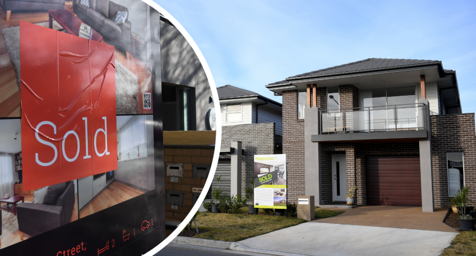 Image of sold sign and Australian houses. Property market.