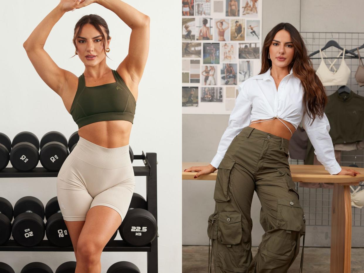 A composite image of Krissy Cela in front of a rack of dumbbells, and at work at Oner Active, in front of products.