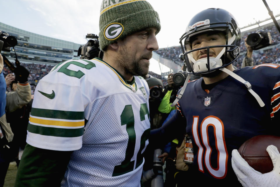 Green Bay Packers quarterback Aaron Rodgers (12) talks to Chicago Bears quarterback Mitchell Trubisky (10) after an NFL football game Sunday, Dec. 16, 2018, in Chicago. The Bears won 24-17. (AP Photo/Nam Y. Huh)