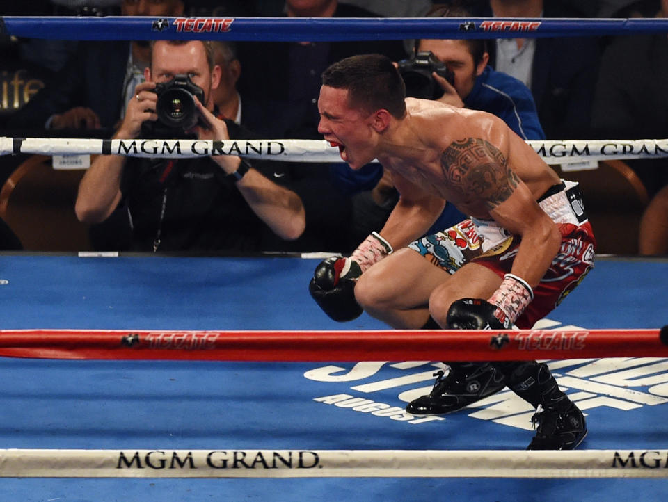 Oscar Valdez celebrates another victory. He defends his WBO featherweight title on Saturday against Scott Quigg on ESPN. (Getty Images)