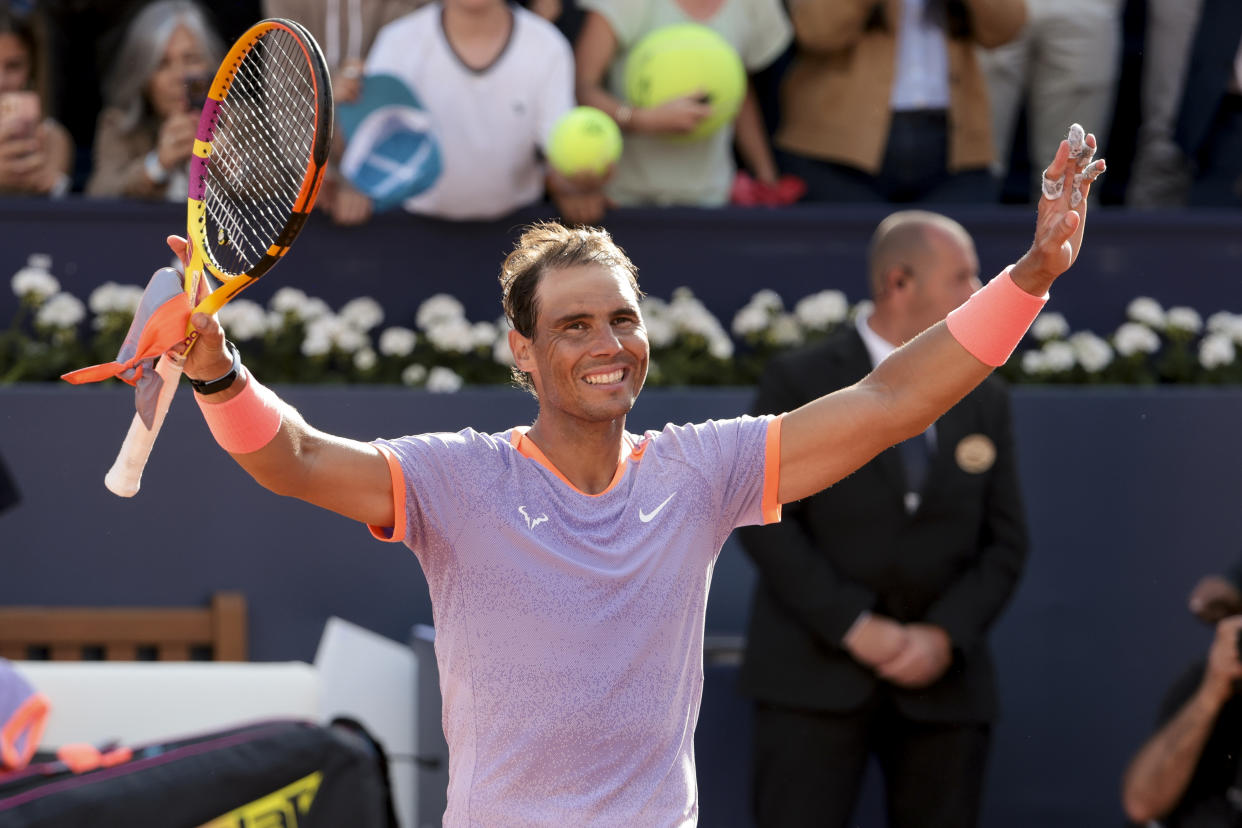 BARCELONA, SPAIN - APRIL 16: Rafael Nadal of Spain celebrates his first round victory over Flavio Cobolli of Italy on day 2 of the Barcelona Open Banc Sabadell 2024, 71º Trofeo Conde de Godo at Real Club De Tenis Barcelona 1899 (RCTB) on April 16, 2024 in Barcelona, Spain. (Photo by Jean Catuffe/Getty Images)