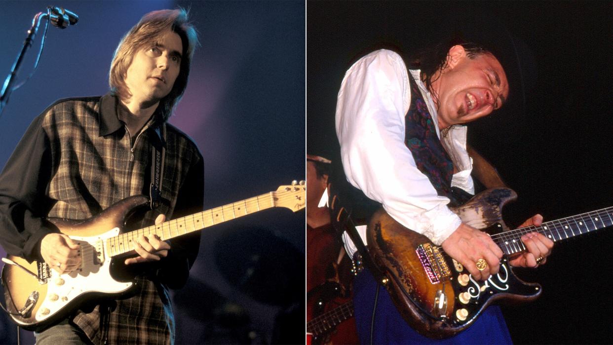  Eric Johnson (left) and Stevie Ray Vaughan perform onstage. 