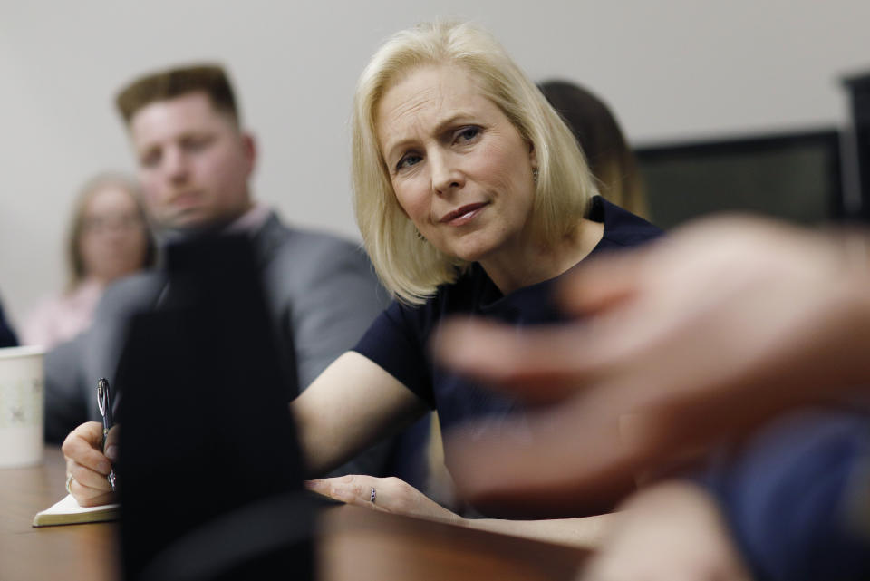 Democratic presidential candidate Sen. Kirsten Gillibrand, D-N.Y., listens while meeting with law students at a legal clinic at the University of Nevada, Las Vegas, Thursday, March 21, 2019, in Las Vegas. The legal clinic works with unaccompanied immigrant children.(AP Photo/John Locher)