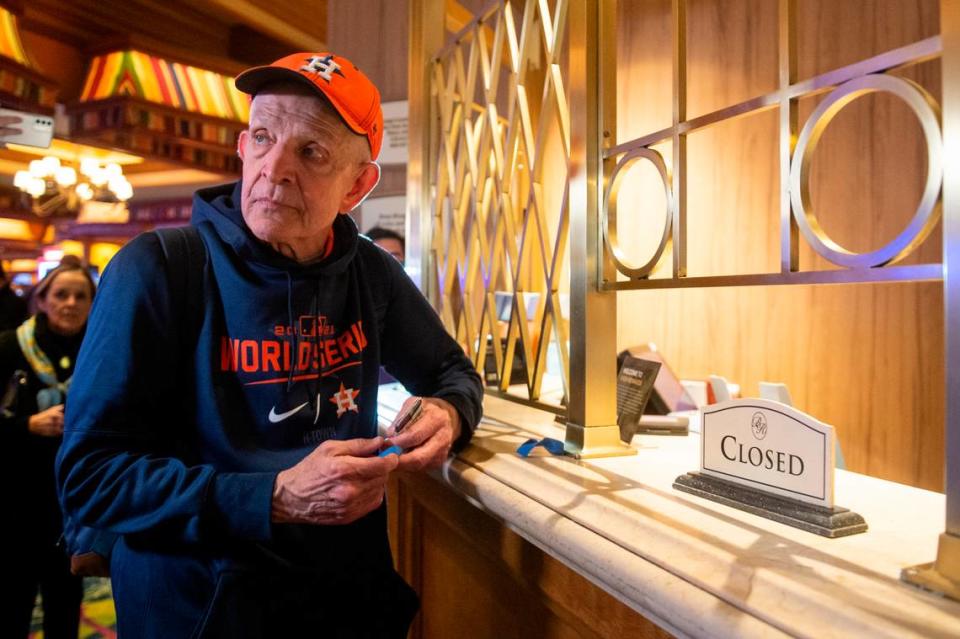 Jim McIngvale, better known as ‘Mattress Mack’, waits for an attendant to get his chips before making a $500,000 bet on the winner of the NCAA Men’s Basketball Tournament at the Beau Rivage Casino in Biloxi on Tuesday, Nov. 15, 2022.