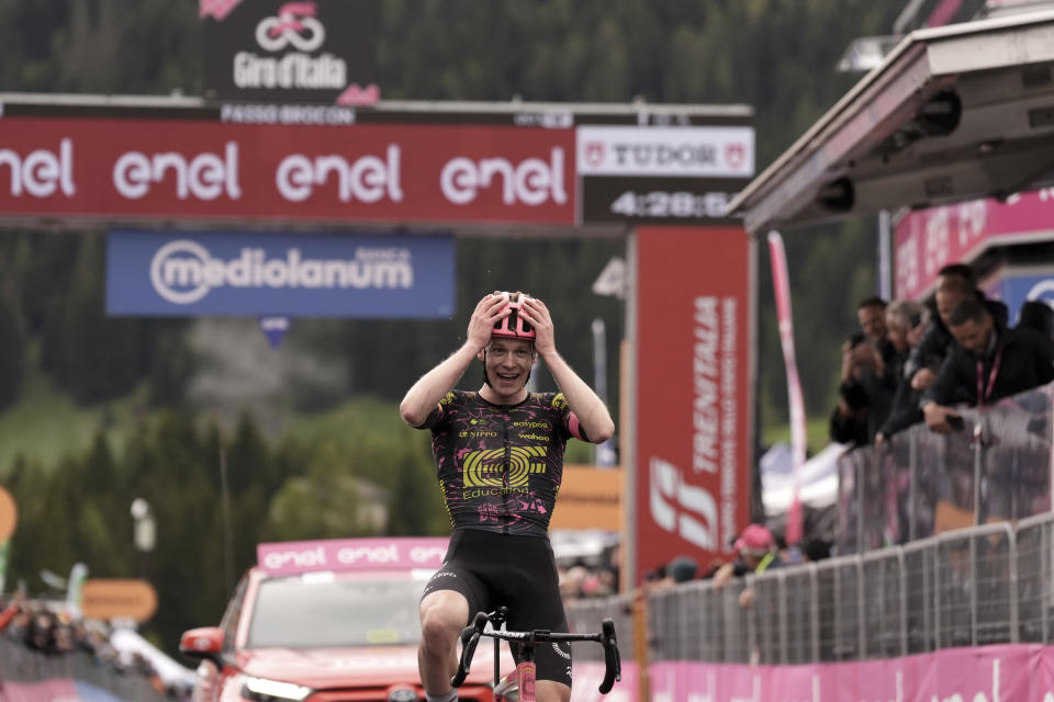 Georg Steinhauser reacts as he wins the 17th stage of the Giro d'Italia from Selva di Val Gardena to Passo Brocon, Italy, Wednesday, May 22, 2024. (Massimo Paolone/LaPresse via AP)