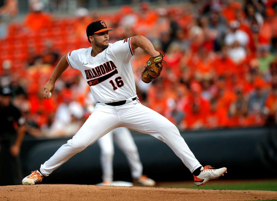 Oklahoma State's Victor Mederos (16) throws a pitch during the NCAA Stillwater Regional baseball game between Oklahoma State Cowboys and Missouri State Bears at the O'Brate Stadium in Stillwater, Okla., Friday, June, 3, 2022. 