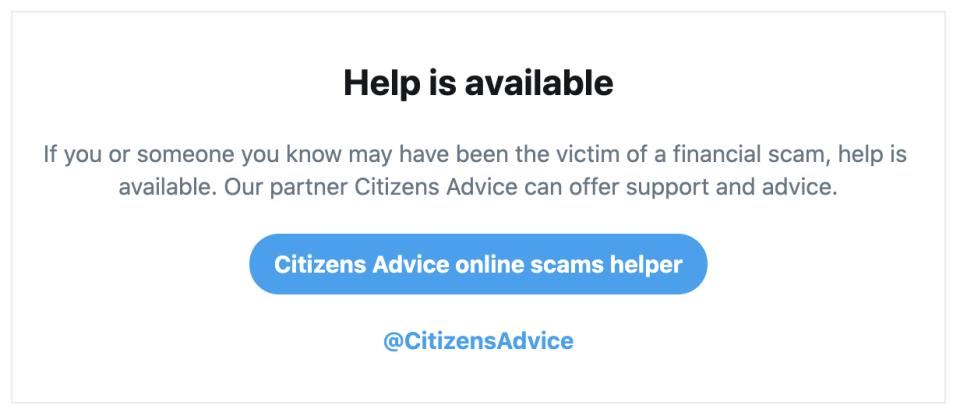 Twitter prompt offering support for victims of online scams created alongside Citizens Advice.