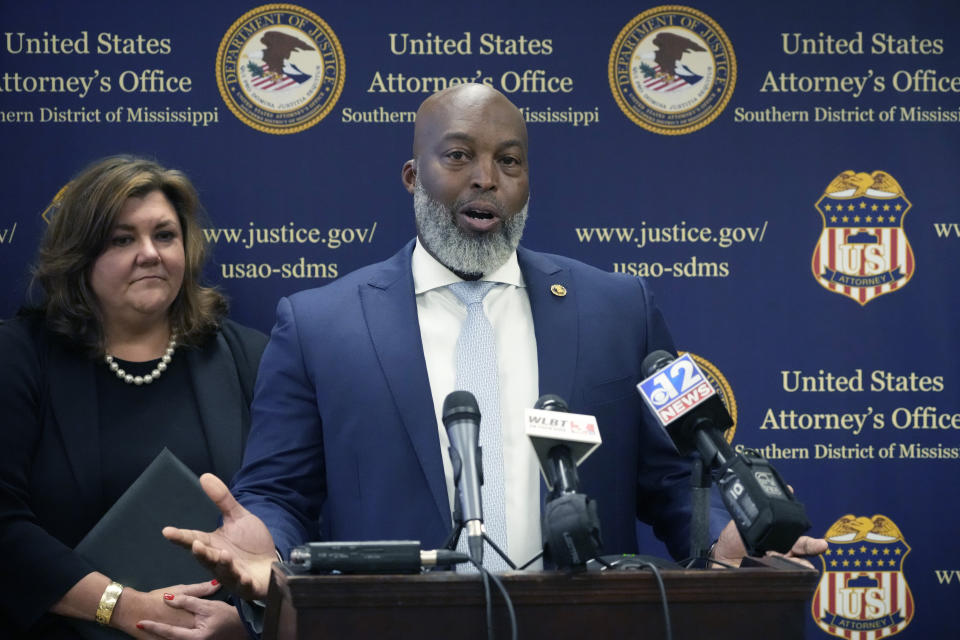 Jermicha Fomby, special agent in charge of the FBI Jackson field office, speaks to reporters about an investigation into six white former law enforcement officers in Mississippi, in Jackson, Miss., Thursday, Aug. 3, 2023. The six former officers who called themselves the “Goon Squad” pleaded guilty to a racist assault on two Black men in a home raid that ended with an officer shooting one man in the mouth. (AP Photo/Rogelio V. Solis)