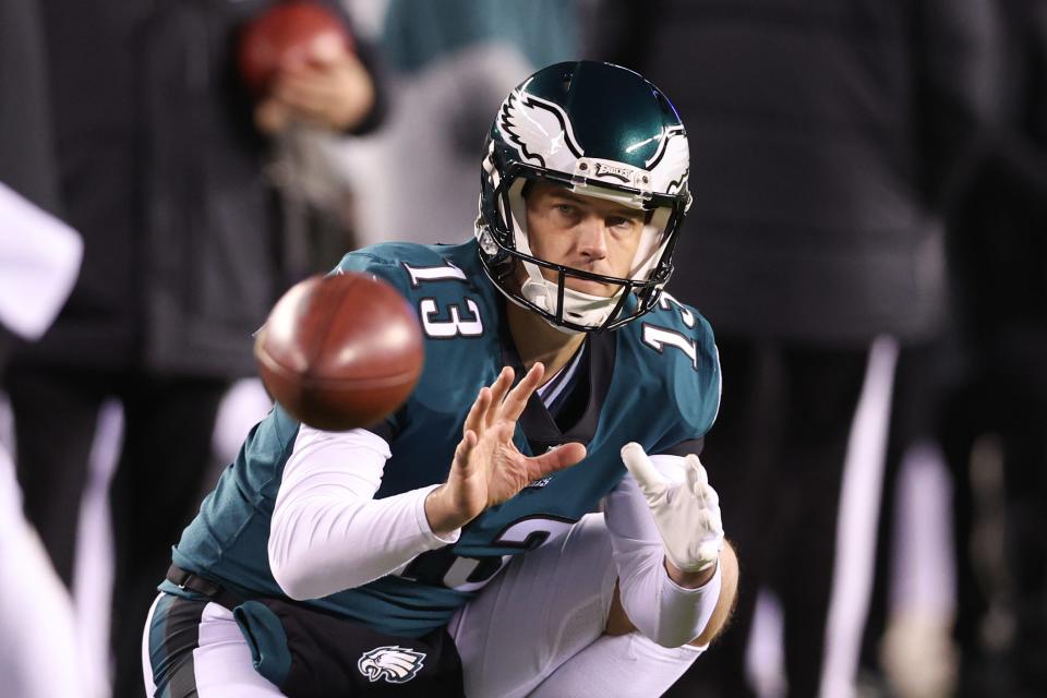 Jan 21, 2023; Philadelphia, Pennsylvania, USA; Philadelphia Eagles punter Brett Kern (13) practices holding against the New York Giants during an NFC divisional round game at Lincoln Financial Field. Mandatory Credit: Bill Streicher-USA TODAY Sports