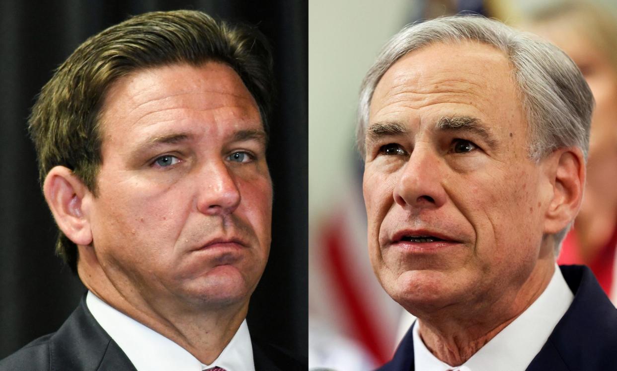 <span>Ron DeSantis and Greg Abbott have signed bills that bar the creation of municipal heat protections.</span><span>Composite: SOPA Images/Rex/Shutterstock, EPA</span>