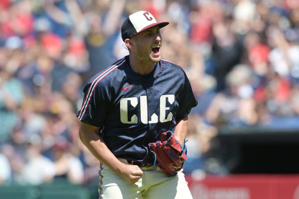 Cleveland Guardians starting pitcher Tanner Bibee (28) reacts after striking out Minnesota Twins first baseman Carlos Santana (not pictured) to end the seventh inning Sunday at Progressive Field.