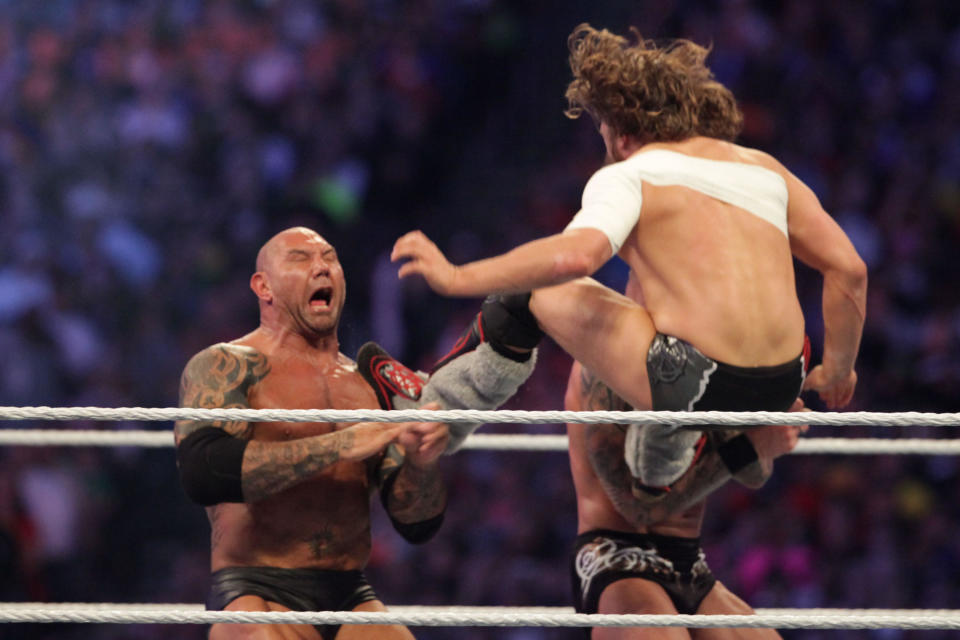 Dave Bautista, Randy Orton and Daniel Bryan at Wrestlemania 30