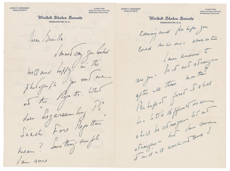 This photo shows a love letter that John F. Kennedy wrote to a Swedish paramour a few years after he married Jacqueline Bouvier, according to Boston-based RR Auction. The auction house says Kennedy wrote letters to aristocrat Gunilla von Post in 1955 and 1956, and announced, Wednesday, May 5, 2021, that they will be going up for auction. (Nikki Brickett/ RR Auction via AP)