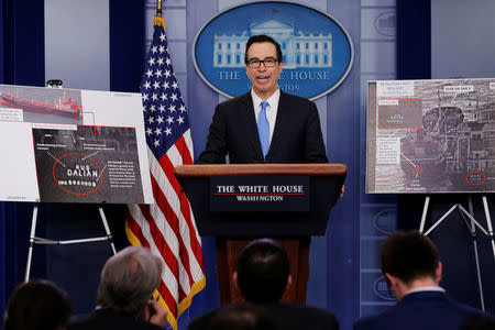 U.S. Treasury Secretary Steven Mnuchin announces on Friday what he said was the largest North Korea-related sanctions in a bid to disrupt North Korean shipping and trading companies and vessels and to further isolate Pyongyang, in the press room at the White House in Washington, U.S. February 23, 2018. REUTERS/Jonathan Ernst