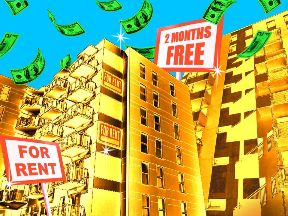 Gold apartment buildings with 'For Rent' signs and a sign reading '2 Months Free' with money falling