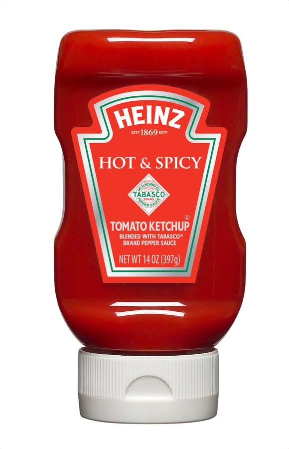 A bottle of Heinz Hot and Spicy Ketchup