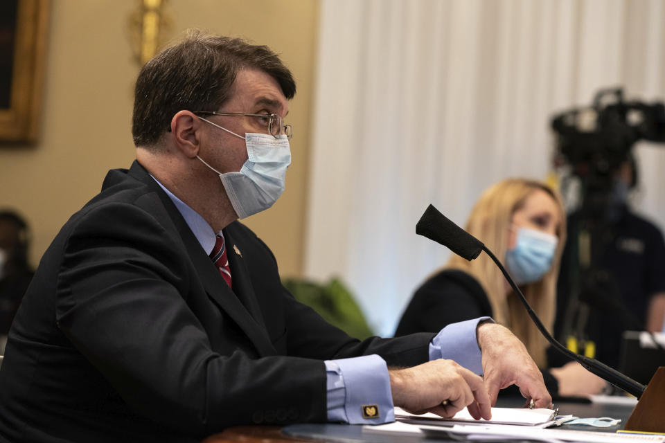 Veterans Affairs Secretary Robert Wilkie testifies during a House Appropriations Subcommittee on Military Construction, Veterans Affairs, and Related Agencies hearing on Capitol Hill in Washington, Thursday, May 28, 2020, on the Department of Veterans Affairs response to COVID-19. (Anna Moneymaker/The New York Times via AP, Pool)