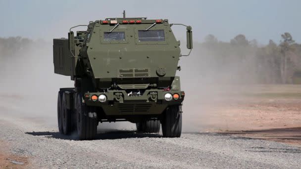 PHOTO: A HIMARS (High Mobility Artillery Rocket System) missile launcher is shown at Lockheed Martin Camden Operations in Camden, Ark., U.S., Feb. 27, 2023. (Nate Luna/ABC News)