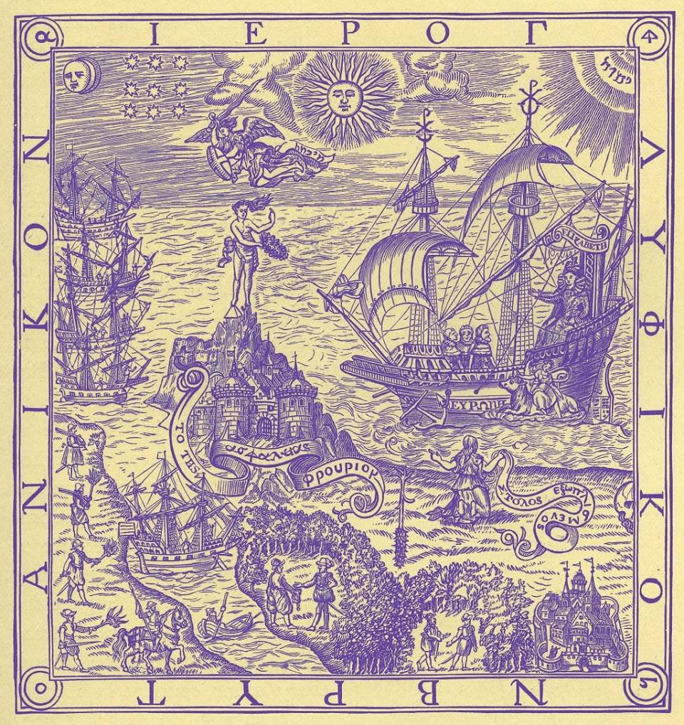Un jerogl&#xed;fico de Gran Breta&#xf1;a, portada del &quot;Arte de la navegaci&#xf3;n&quot; de John Dee, publicado en 1577. La alegor&#xed;a representa a la reina Isabel I a la cabeza del barco junto a las costas de Inglaterra.