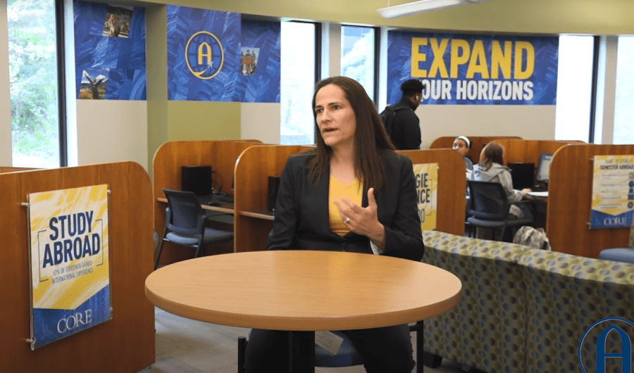 Augie president Andrea Talentino discusses the benefits of Augie Choice in a college video.