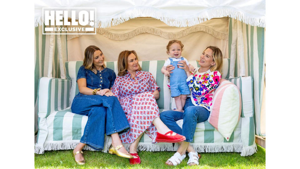 Penelope Chilvers posing on outdoor sofa with family at Cotswolds home