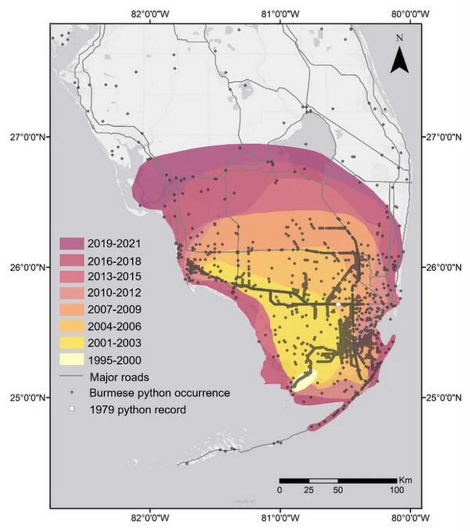 Este mapa muestra la expansión de las pitones birmanas en la Florida desde que se descubrieron por primera vez a finales de la década de 1990.