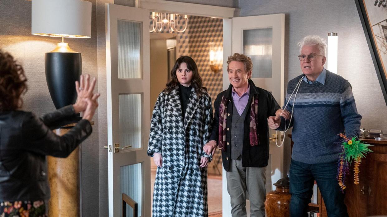only murders in the building the white room episode 304 mabel selena gomez, oliver martin short and charles steve martin, shown photo by patrick harbron hulu