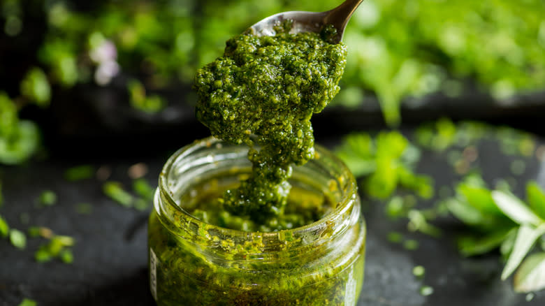 Spoon with pesto in a jar