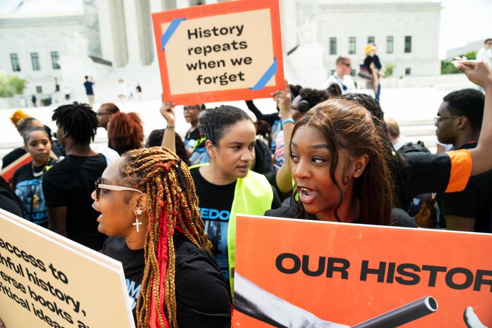 Protesters spoke out against efforts to ban books and restrict Black history education during the ''Freedom to Learn' rally in front of the U.S. Supreme Court in Washington, D.C., Friday, May 3, 2024.