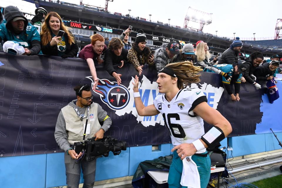 Jaguars quarterback Trevor Lawrence celebrates Sunday's 36-22 victory over the Titans in Nashville, the Jags' first victory there for nine years.